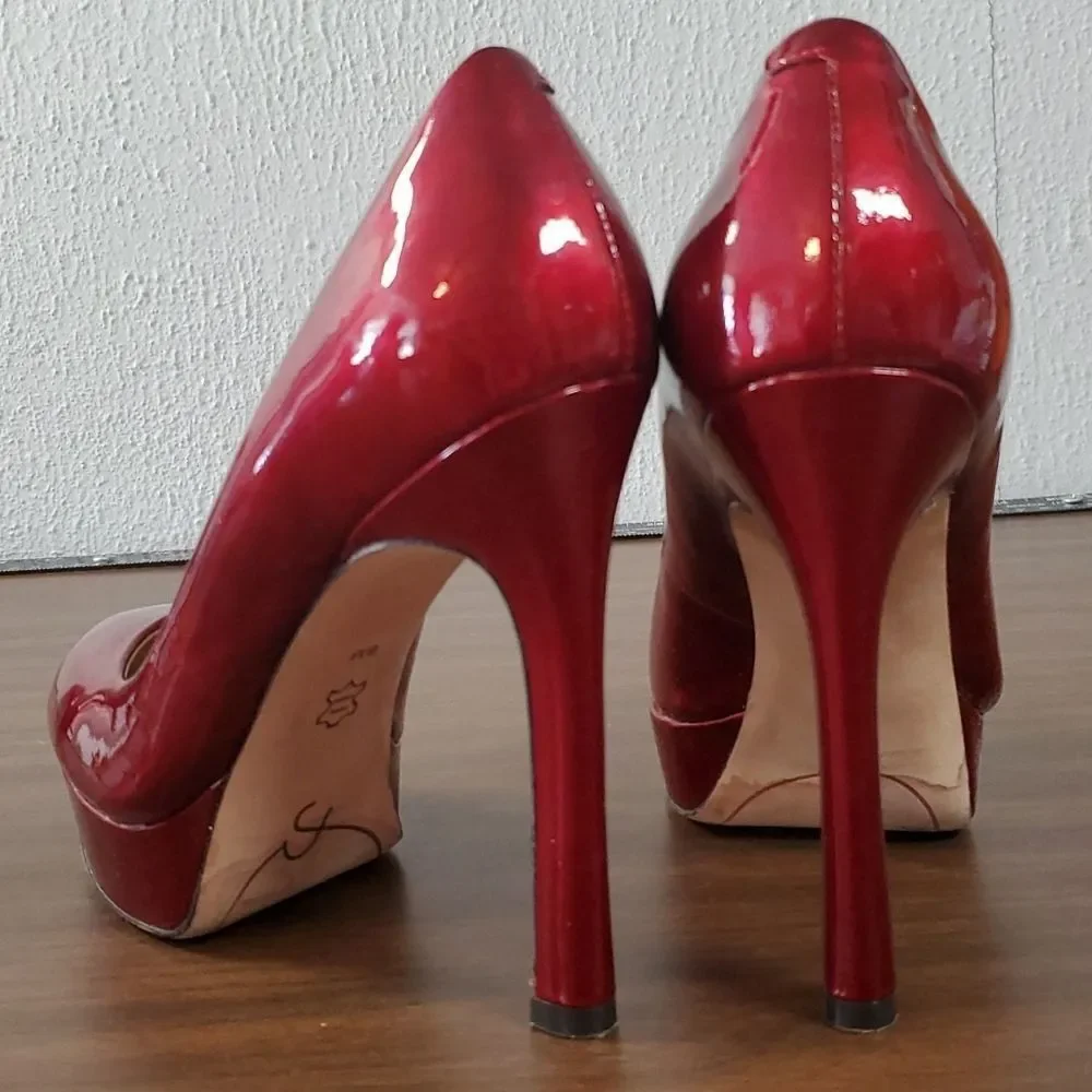 Joan & David Platform Sexy Dress Pump Heels Candy Apple Red Patent Leather Shoes